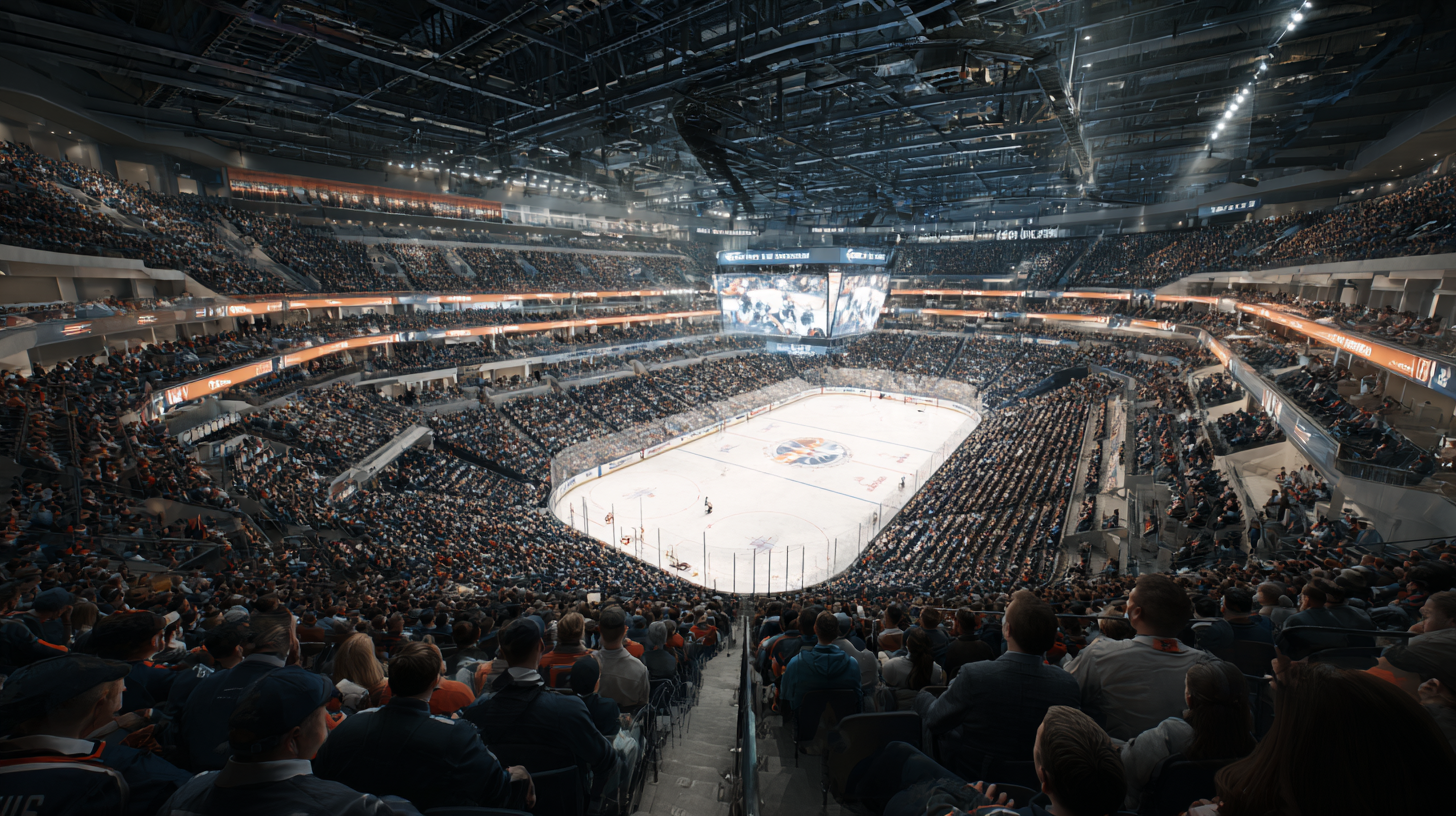 Publikfylld ishockeyarena med tusentals besökare och stabil WiFi-anslutning i hela anläggningen.