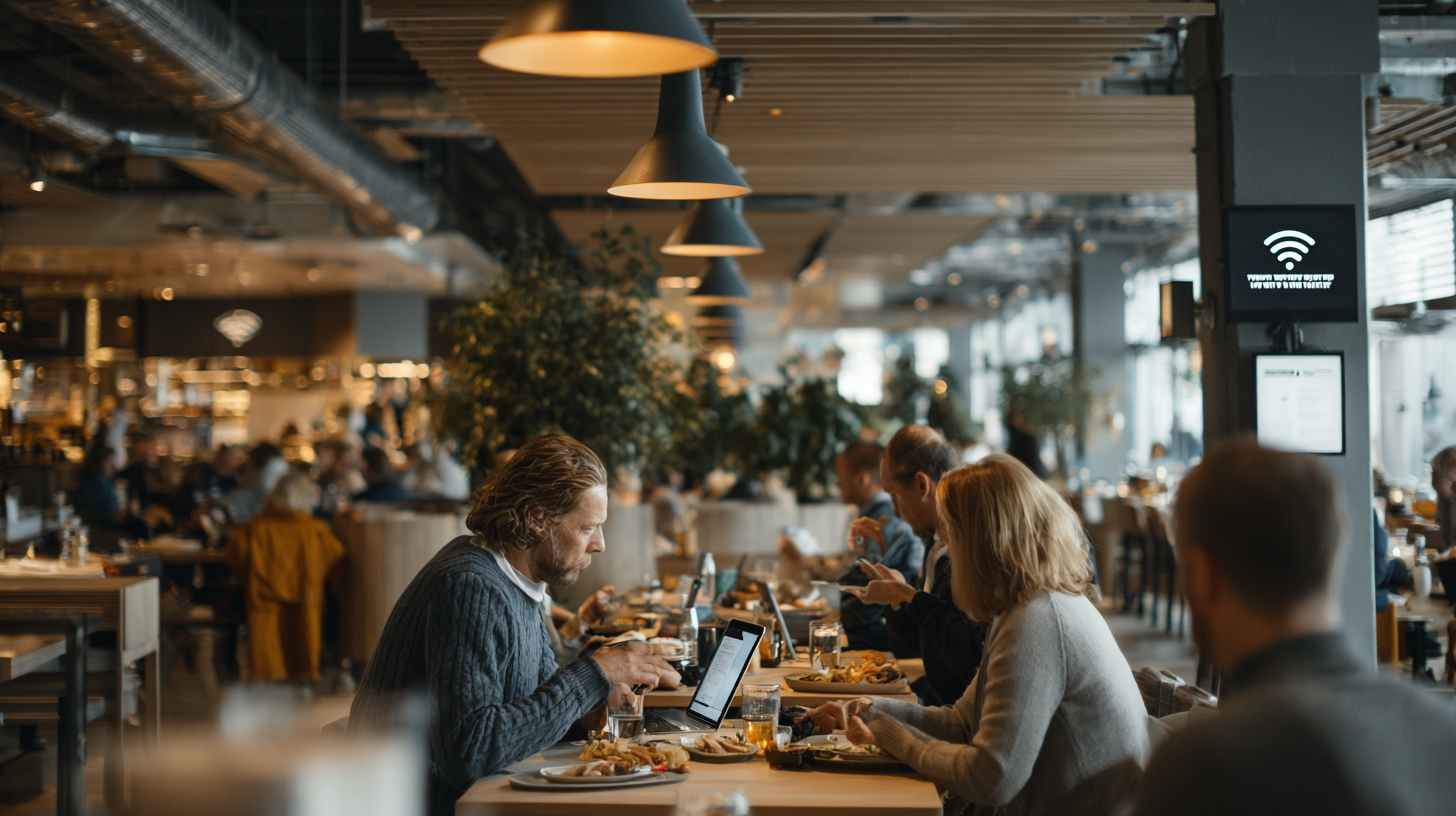 Restauranggäster använder säkert och stabilt WiFi medan de äter, i en modern skandinavisk miljö där både gäster och personal är uppkopplade utan störningar.