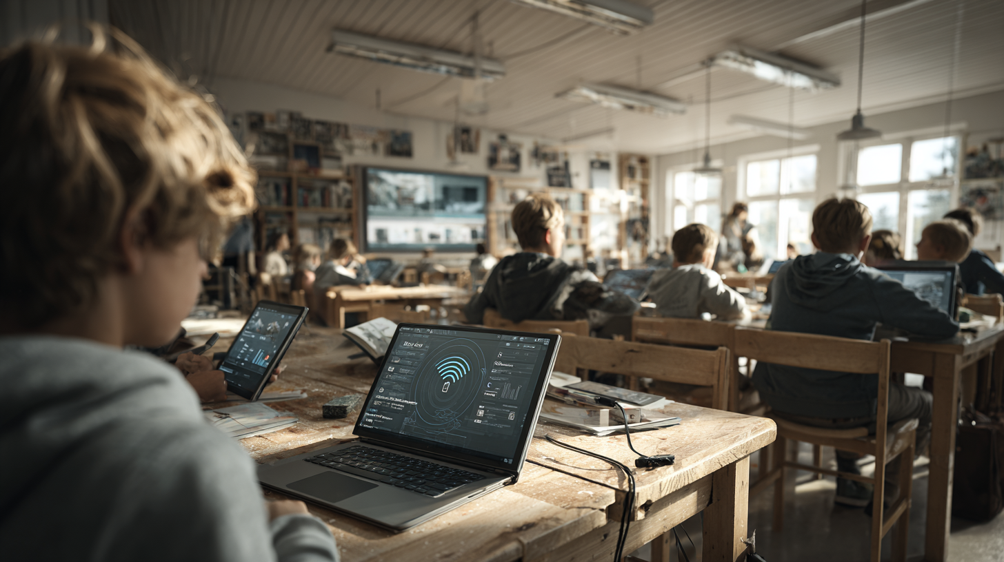 Elever i svensk högstadieskola använder digitala enheter med stabil och säker WiFi-uppkoppling i en trygg och tekniskt välfungerande klassrumsmiljö.