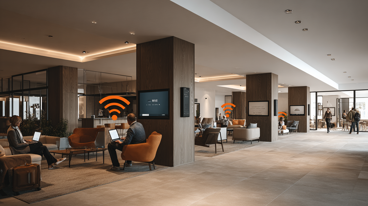 Hotellgäster som använder säkert och lättillgängligt WiFi i en modern hotellobby – en trygg och stabil uppkoppling för både affärsresenärer och privatpersoner.