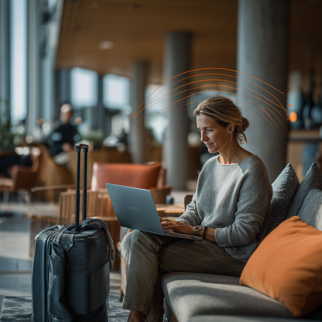 Working in a hotel lobby