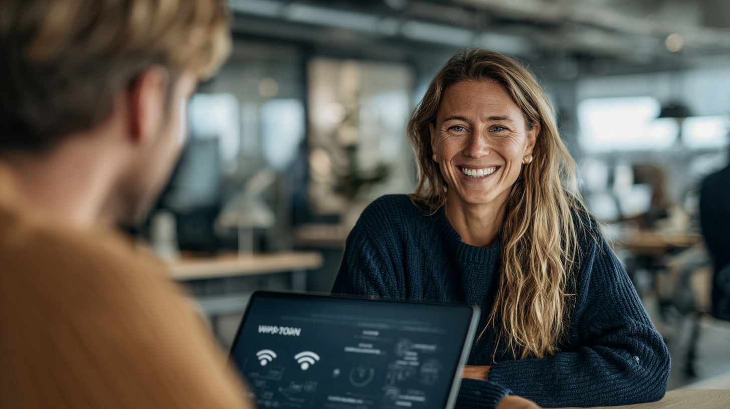 Nowire-Pulse-Sales-academy-the-deal-builder Två personer i affärssamtal i ljus kontorsmiljö – symboliserar rådgivande försäljning och samarbete inom Pulse Academy.